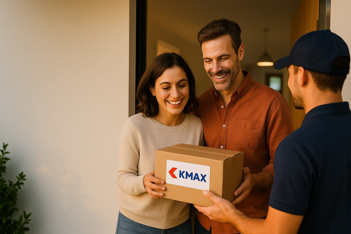 Pareja sonriente recibiendo un paquete Kmax en la puerta de su casa