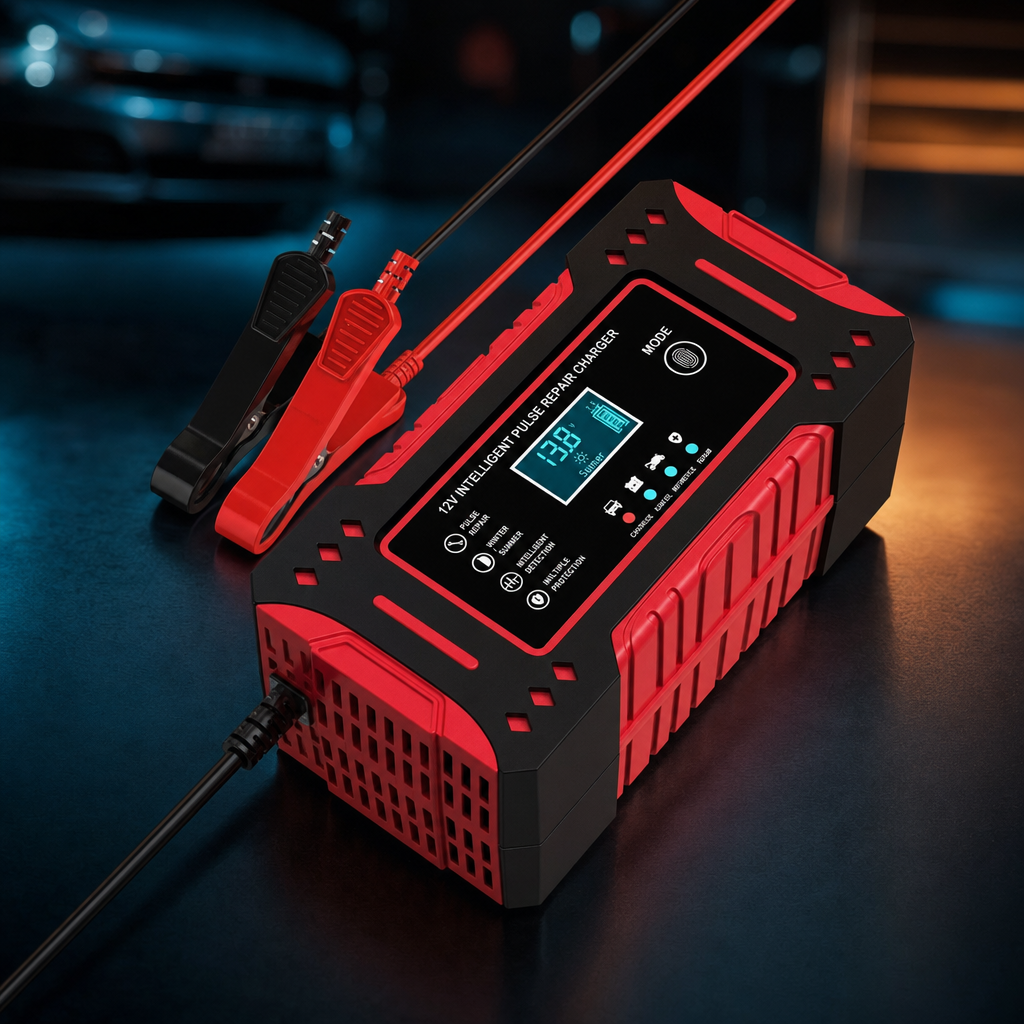 Cargador reparador de bateria 12V, vista en angulo