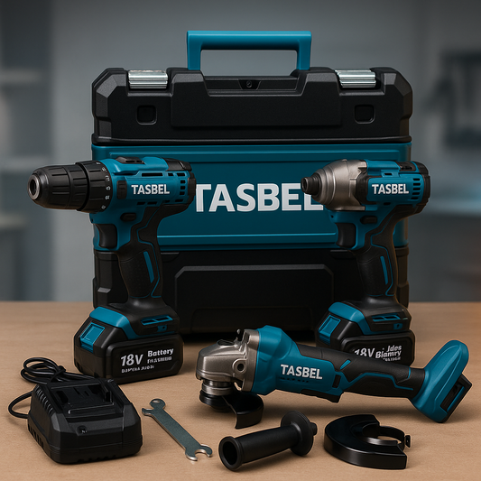 Set profesional TASBEL 128V con maletin, taladro, llave de impacto y esmeril